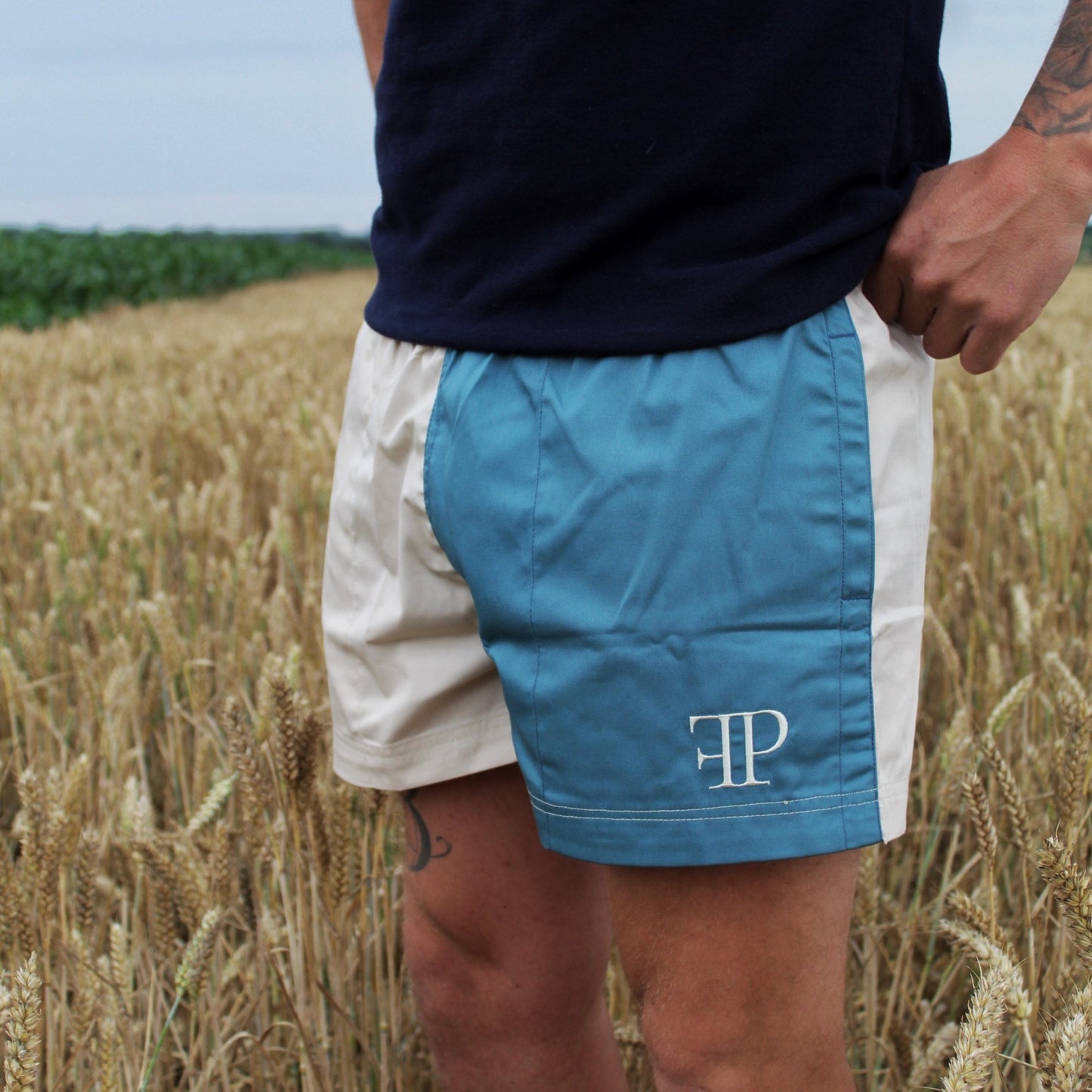 The Harlequin Rugby Shorts - Mens - Cream & Aqua Blue